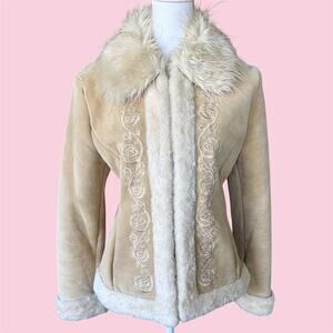 Y2K Guess cream & tan suede jacket with faux fur & embroidered floral scrollwork